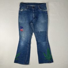 Overall Good Condition For Its Age Some Small Distressed Holes On The Front Of Both Pant Legs One Larger Hole On The Back Upper Right By The Center Seam Weed Leaf Embroidered On The Outsides Of Each Pant Leg Patch Work On The Left Knee Back Right Pocket Was Removed Measurements Are Located In The Photos 60 Day Free Returns On Both New And Used Items. New With Tags Items That Are Returned With Signs Of Wear And/Or Missing Tags Will Not Be Eligible To Be Returned For The Full Purchase Price And Wi Peace Protest, Mens Bootcut Jeans, Patch Work, Jeans Men, Favorite Outfit, Overalls, The Outsiders, Road, How To Wear