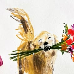 a drawing of a dog with flowers in it's mouth