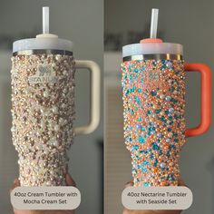 two pictures of the same cup with different colors and sizes, one has a straw in it