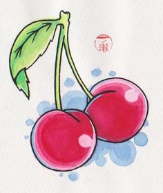 a drawing of two cherries with green leaves on top, and chinese writing above them