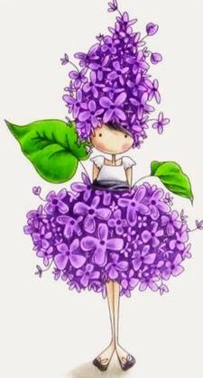 a drawing of a girl in a dress made out of purple flowers