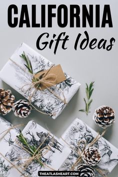 Gifts wrapped in white paper with black line drawings of trees and deer, stacked and surrounded by pine cones and sprigs of thyme, with the text-overlay, "California Gift Ideas." Sustainable Christmas Gifts, Sustainable Christmas, Gift Exchange, Gift Guides, Amazon Gifts, Christmas Gifts For Her, Holiday Gift Guide, Perfect Christmas Gifts