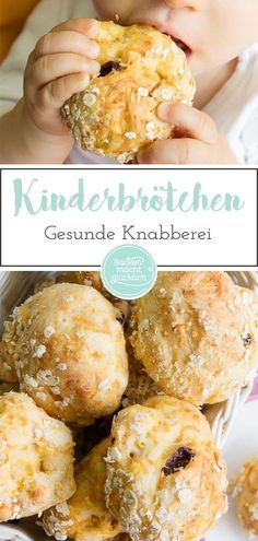 a young child is eating some kind of muffin in front of her and the words, kinderbrotchen gesue knalberei