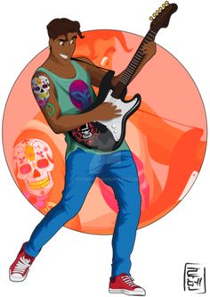 a man with a guitar and skull on his arm is standing in front of an orange circle