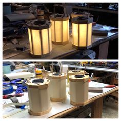 three different views of lamps on a table in a workshop, one is yellow and the other is white