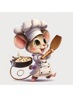 a cartoon mouse holding a pan with food in it