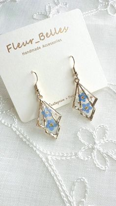 Real Forget Me Not Pressed Handkerchief Style Earrings, Blue Flowers Dangle Earrings, Handmade Gold Plated, Memory Flowers, Gifts for Her - Etsy Delicate Dangle Earrings With Pressed Flowers, Elegant Pressed Flower Drop Earrings, Dainty Blue Jewelry With Pressed Flowers, Blue Teardrop Pressed Flower Jewelry, Elegant Blue Pressed Flower Earrings, Gold Flakes, Handmade Gold, Pressed Flowers, Flower Earrings