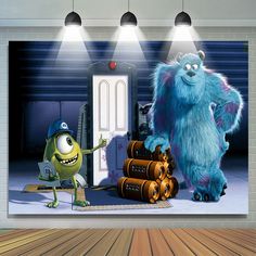 monsters are standing in front of a door and another character is pointing at the door