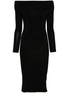 black virgin wool blend knitted construction slip-on style cowl neck three-quarter length sleeves fitted waistline straight hem mid-length Black Outfits, Midi Dress Black, Fantasy Gowns, Yoko London, City Dress, Black Midi Dress, Three Quarter, Cowl Neck, Mid Length