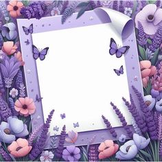 a purple frame with flowers and butterflies around it