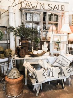 an assortment of furniture and decor items displayed in a room with antiques for sale written on them