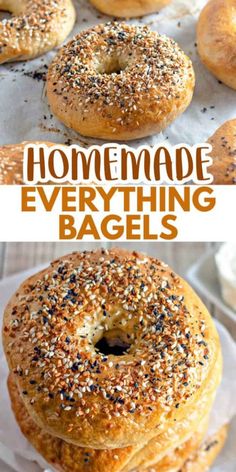 homemade everything bagels with poppy seed sprinkles are stacked on top of each other