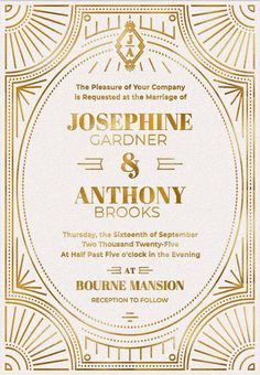 an art deco wedding card with gold foil