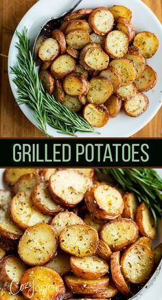 grilled potatoes with rosemary sprigs on the side and in a white bowl