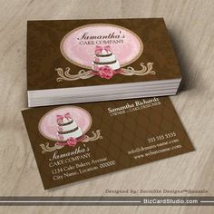 two business cards with pink and brown designs on the front, one is for a cake company