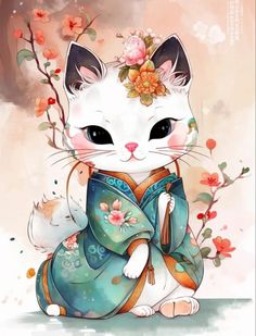 a white cat wearing a blue dress with flowers on it's head sitting next to a