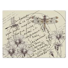 a dragonfly sitting on top of a piece of paper with writing and flowers around it