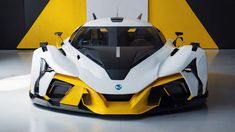 a white and yellow sports car parked in a garage