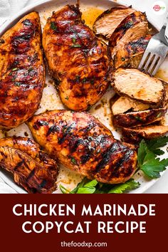 chicken marinade copycat recipe on a plate with garnish and parsley