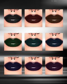 A 9-swatch dark and textured lipstick with slight gloss in the shades of dark rainbow and black.  #thesims4 #thesims #sims #sims4 Black Lipstick Sims 4 Cc, Sims 4 Cc Dark Makeup, Goth Makeup Sims 4 Cc, Sims 4 Cc Makeup Lipsticks, Sims 4 Cc Lipstick, Grunge Lipstick, Sims 4 Lipstick, Sims 4 Cc Goth, Black Matte Lipstick