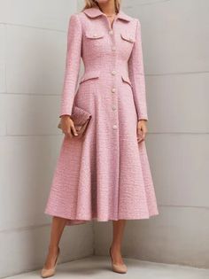 Pink Buckle Shawl Collar Long Sleeve A-Line Midi Dress Dress Coats For Women Classy, Elegant Pink Tweed Dress, Elegant Spring A-line Tweed Dress, Luxury Elegant Midi-length Tweed Dress, Dress Coats For Women, Luxury Pink Chic Tweed Dress, European Fashion Winter, Elegant Luxury Pink Wool Coat, Women's A Line Dresses