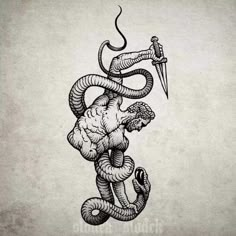 a drawing of a snake with a knife in it's mouth, holding a human head