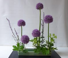 purple flowers and greenery in a metal planter