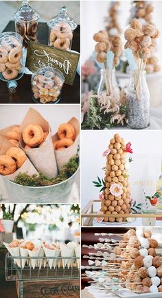 a collage of pictures with donuts and desserts in glass vases on the table