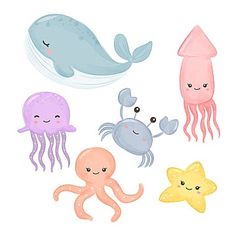 cute sea animals under the water with bubbles and starfish, octopus, squid, jellyfish