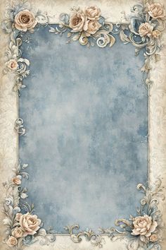 an old fashioned frame with roses and scrolls on the edges, in pastel blue