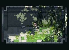 an image of a computer game scene with trees and bushes in the background, looking down at a person sitting on a bench