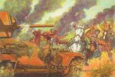 a painting of men on horses and tanks