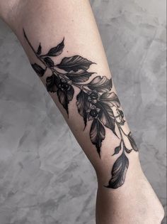 Botanical Tattoo Cover Up, Floral Back Of Arm Tattoo, Botanical Blackwork Tattoo, Dark Vine Tattoo, Knee Tattoo Cover Up, Goth Nature Tattoo, Gothic Botanical Tattoo, Dark Leaves Tattoo, Belladonna Flower Tattoo