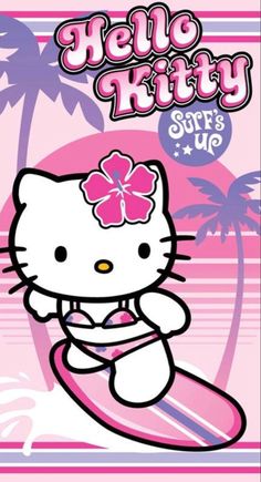 hello kitty surfs up on the beach with palm trees and flowers in her hair