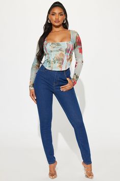 Available In Light Blue And Denim. Square Neck Long Sleeve Floral Print Mesh Stretch Disclaimer: Print Placement May Vary. Body: 95% Polyester 5% Spandex Lining: 100% Polyester Imported | Charlotte Mesh Corset Top in Light Blue size Small by Fashion Nova High Waist Denim Tops For Fall, Fall High Waist Denim Tops, Spring Slim Fit Blue Jeans, Fitted Denim Blue Top, Fall Floral Print Blue Jeans, Fitted High Waist Denim Tops, Fitted Denim High-waist Tops, Fitted Floral Print Denim Jeans, Spring Long Sleeve Fitted Tops