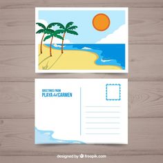 two postcards with palm trees on the beach