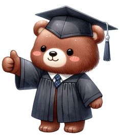 a brown teddy bear wearing a graduation gown and holding a thumb up in the air