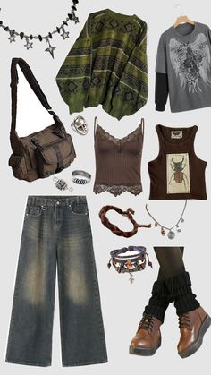 #outfit #goblingrunge Hippie Concert Outfit Ideas, Changelingcore Outfit, Grampa Core Outfits, Earthy Grunge Outfits, Aethstetic Clothes, Hippie Grunge Outfits