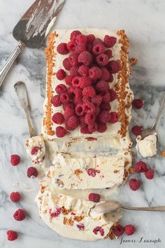 raspberry ice cream cake with whipped cream and fresh raspberries on top