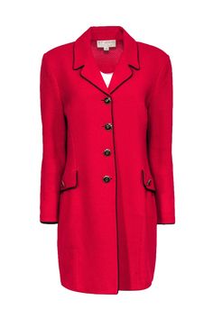 Current Boutique-St. John - Red Knit Longline Coat w/ Black Piping Sz 12 Luxury Career Outerwear With Buttons, Luxury Career Outerwear With Button Closure, Elegant Career Outerwear With Button Cuffs, Luxury Red Single-breasted Outerwear, Elegant Red Wool Coat For Formal Occasions, Elegant Red Wool Coat For Formal Events, Classic Wool Coat With Covered Buttons For Work, Elegant Long Red Coat, Elegant Red Long Coat Outerwear