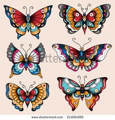 the butterfly tattoo design is shown in four different colors and sizes, including red, blue,