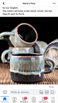 a coffee cup sitting on top of a wooden table