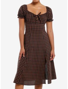 Thorn & Fable Brown & Black Checkered Empire Waist Midi Dress Black And Brown Checkered Dress, Brown Gingham Dress, Twee Dresses, Evermore Aesthetic Outfits, Black Summer Dresses, Cottage Dresses, Layering Dresses, Dark Academia Dress, Red Checkered Dress