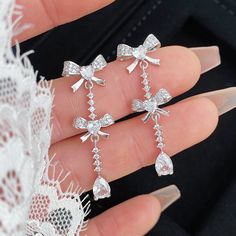 💎 Materials: 14k White Gold Electroplated - more durable than regular platings Sterling Silver Earring Posts - Hypoallergenic Cubic Zirconia White Butterfly Earrings, Dangly Earrings Silver, Odd Items, Coquette Jewelry, Fancy Jewellery Designs, Fancy Earrings, Silver Jewelry Earrings, Kawaii Accessories