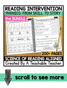 the science of reading aligned by a teacher's notebook with text and pictures on it