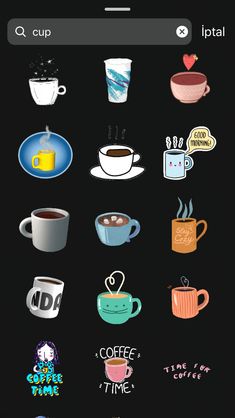 an iphone screen with various stickers and coffee cups on the phone's display