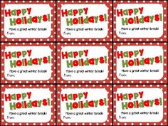 happy holidays name tags with red polka dot border and green dots on the bottom,