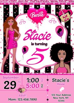 a pink and black birthday party flyer with two girls in the middle, one is wearing a