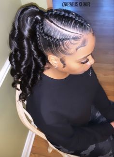 Braids With Curly Ponytail Black Hair, Two Large Braids Black Women, Braided Ponytail Hairstyles Birthday, Braided Front Ponytail Black Hair, Hair Braided Into Ponytail Black, Twisted Ponytail For Black Women, Ponytail Hairstyles For Black Women With Braids, Goddess Ponytail Braids, Braided Ponytail With Curls At The End