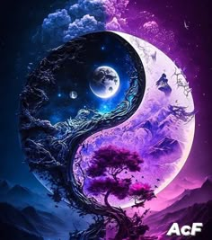 the yin symbol is painted in purple and blue tones with mountains, trees, and clouds